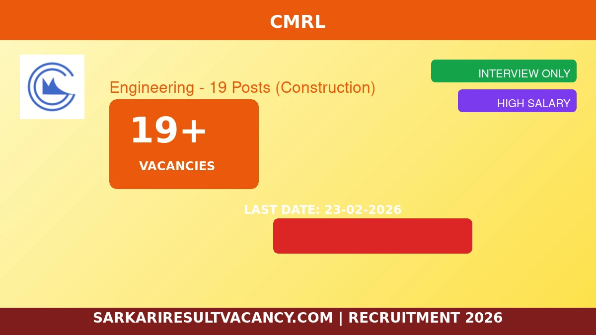 CMRL Chennai Metro Rail Recruitment 2026 - 19 Engineering Posts