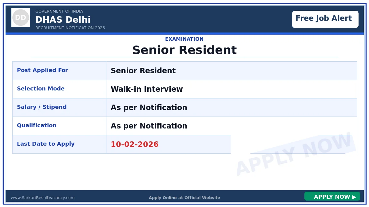 DHAS Delhi Senior Resident Recruitment 2026 - 7 Vacancies