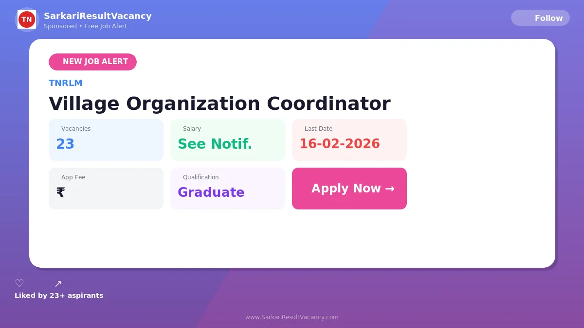 TNRLM Village Organization Coordinator Recruitment 2026 - 23 Posts